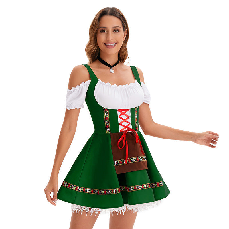 Damen nan kurzes Trachtenkleid im Dirndlstil mit Schnürung, schulterfreiem Carmen-Ausschnitt und Zierschürze