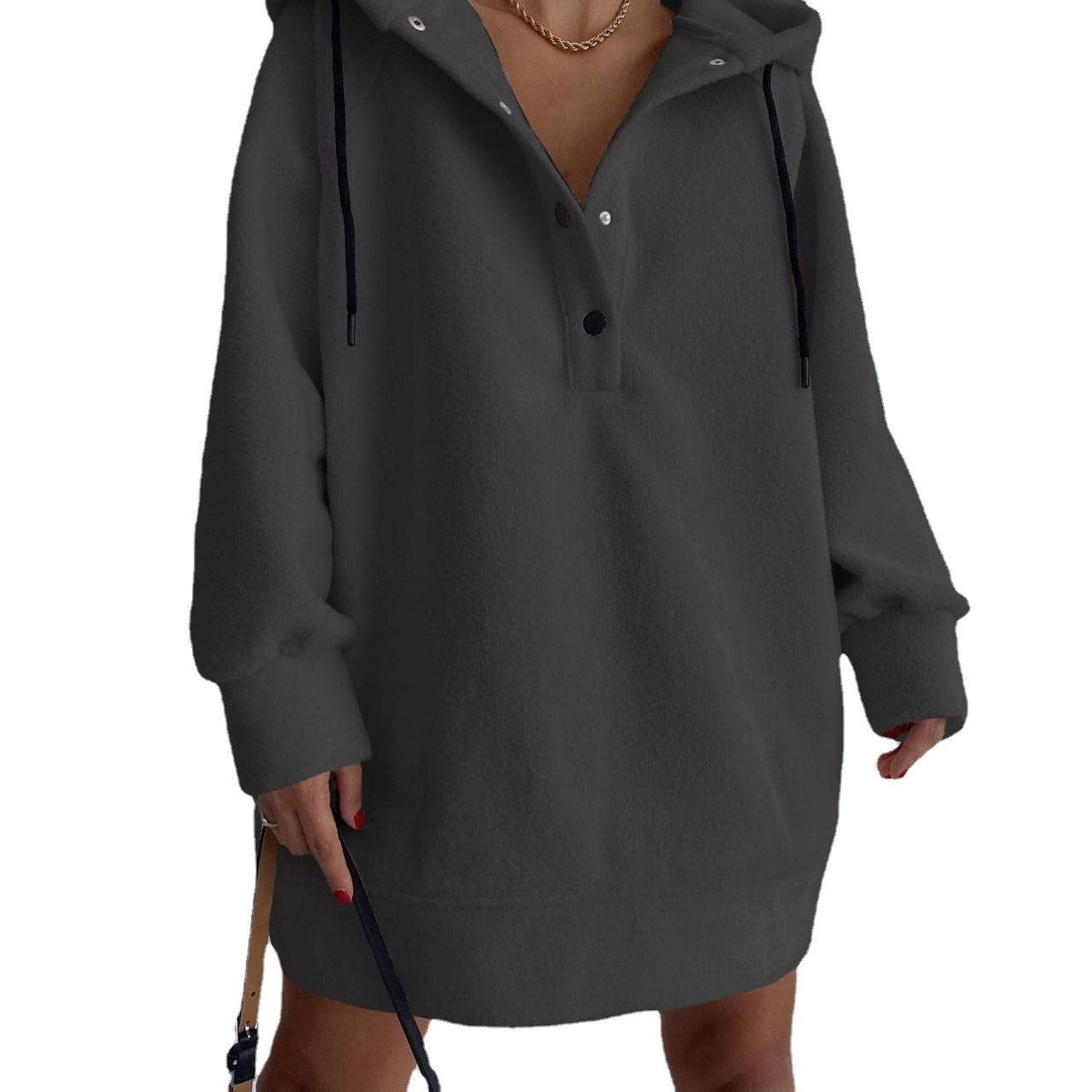 Damen nan kuscheliges Kapuzen-Fleece-Tunika-Sweatshirt mit Druckknopfleiste und überschnittener Schulter
