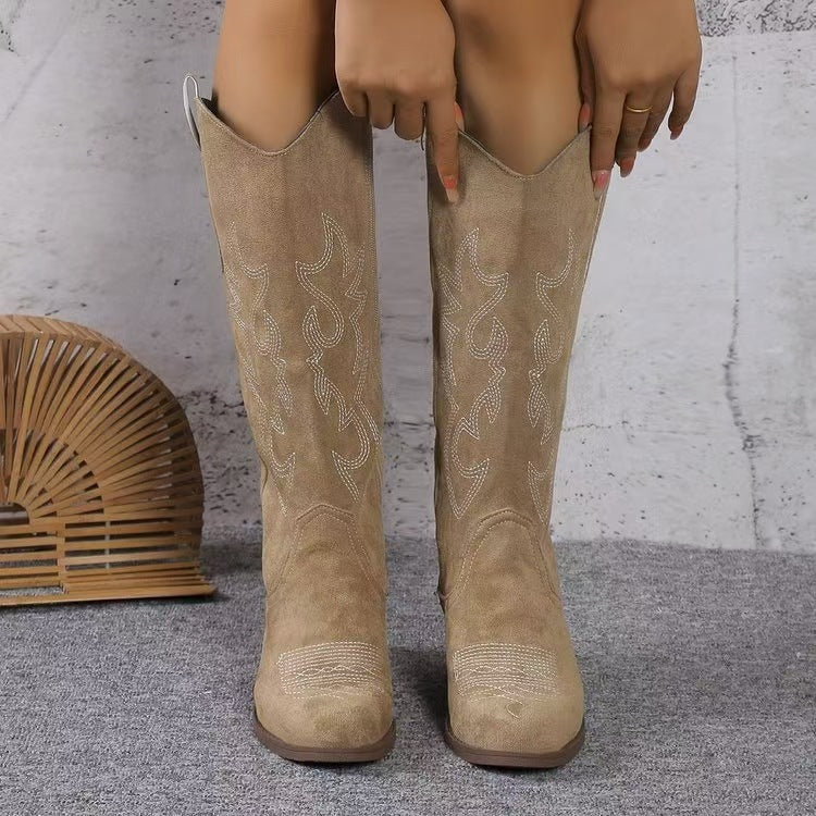 Damen nan Kniestiefel im Westernstil mit mittelhohem Blockabsatz seitlichem Reißverschluss und gesticktem Wildlederfinish