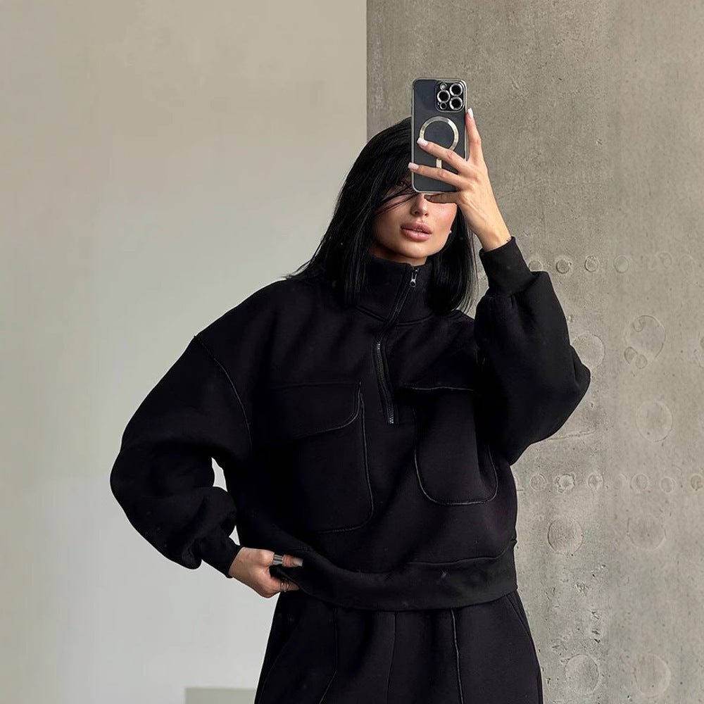 Damen nan Oversize Halbzip-Sweatshirt mit aufgesetzten Klappentaschen und Kontrastpaspeln
