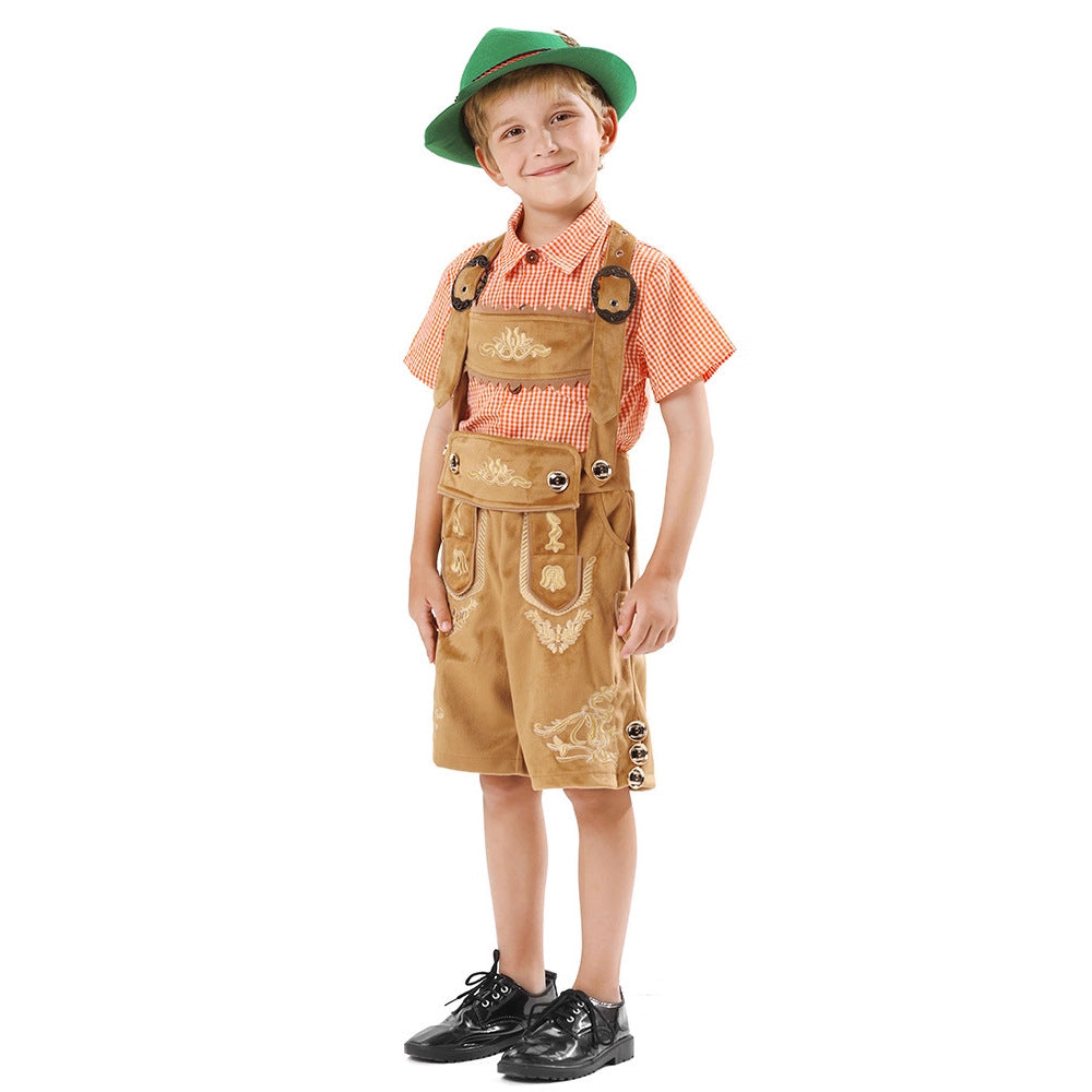 Herren nan traditionelle Kinderlederhose kurz mit aufwendiger Stickerei, Latztasche und verstellbaren Trägern