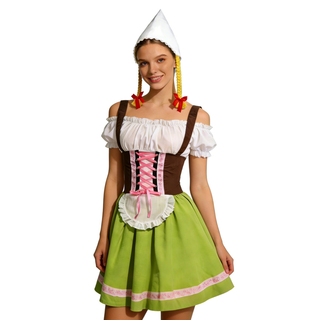 Damen nan traditionelles Dirndl-Kostüm mit Schnürung, Schürze und spitzem Kopftuch