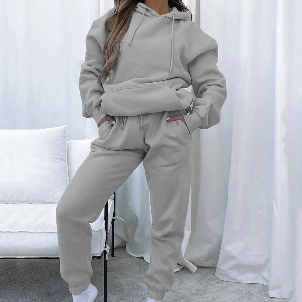 Damen nan Cropped Kapuzenjacke und High-Waist Jogginghose Set aus French Terry mit elastischem Bund
