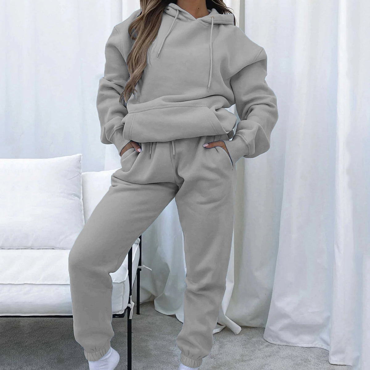 Damen nan Cropped Kapuzenjacke und High-Waist Jogginghose Set aus French Terry mit elastischem Bund