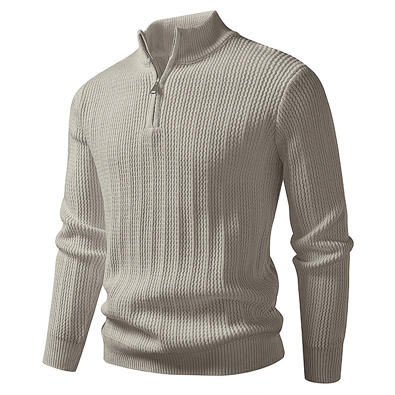 Herren nan feinstrukturierter Halbzip-Pullover mit Stehkragen, geripptem Strukturstrick und schmaler Passform