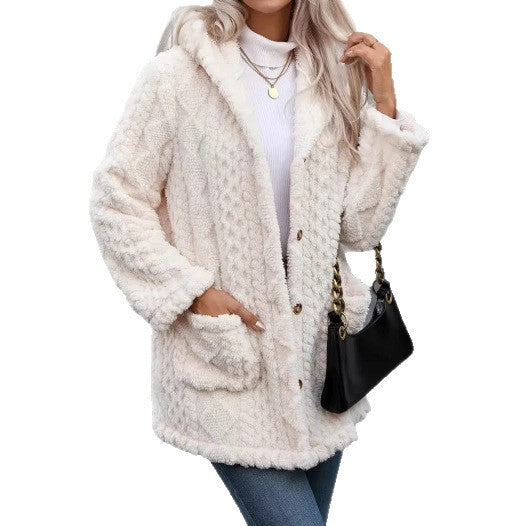 Damen angenehme und weiche Plüschjacke mit Kapuze und Taschen Selmira