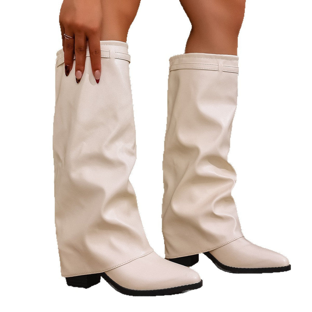 Damen nan kniehohe Slouch-Stiefel mit spitzer Zehenpartie niedrigem Blockabsatz und dekorativem Schaftgurt