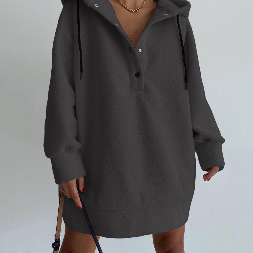 Damen nan kuscheliges Kapuzen-Fleece-Tunika-Sweatshirt mit Druckknopfleiste und überschnittener Schulter