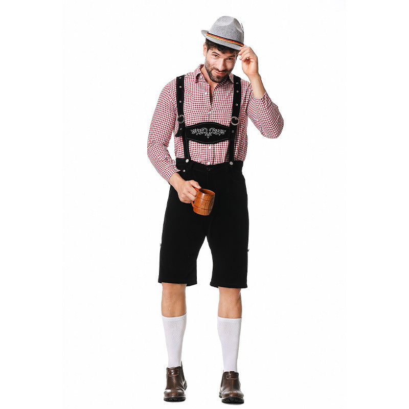 Herren nan kurze Trachtenlederhose in Veloursleder-Optik mit besticktem Brustlatz und verstellbaren Trägern