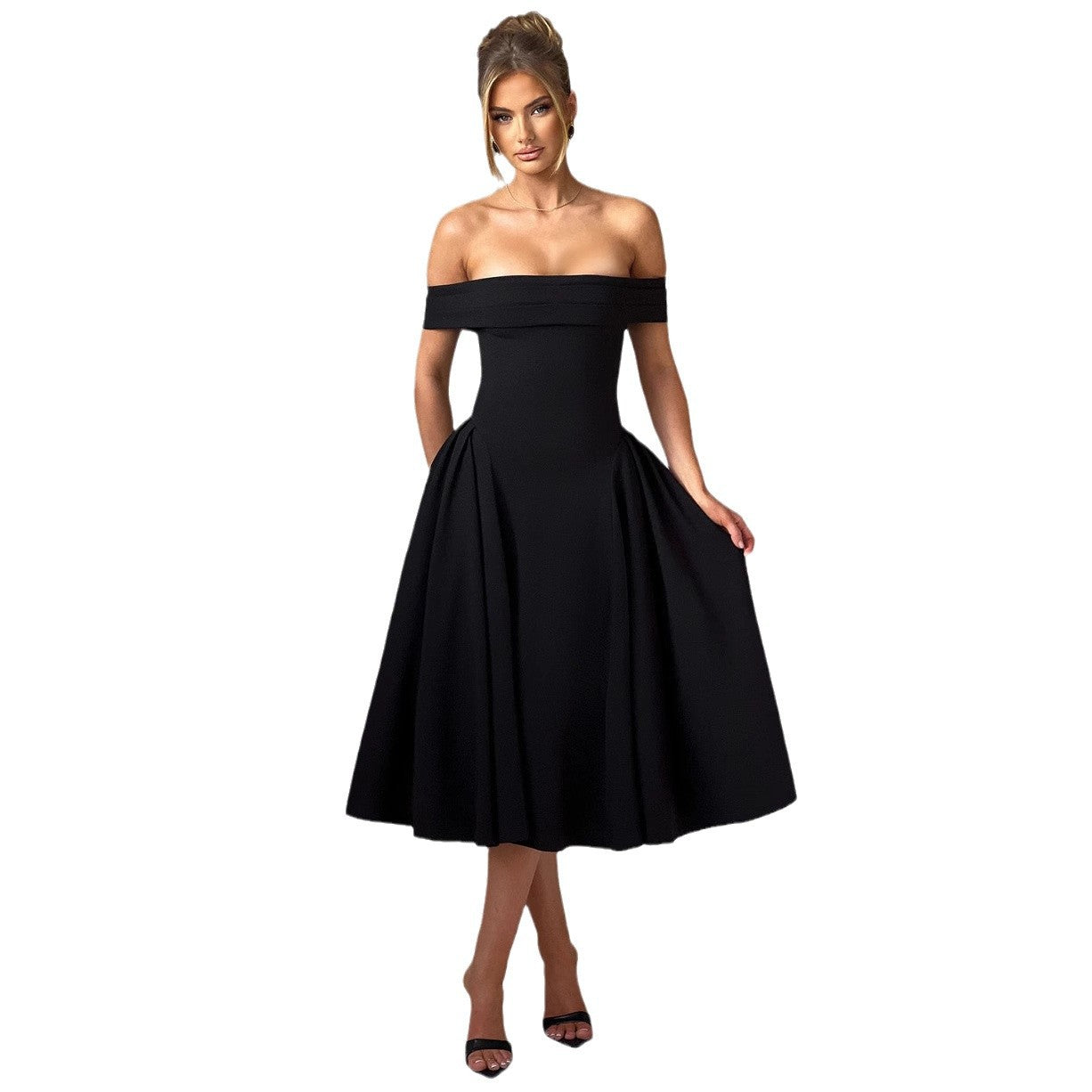Damen Cocktailkleid mit schulterfreiem Design und voluminösem Rock Selmira