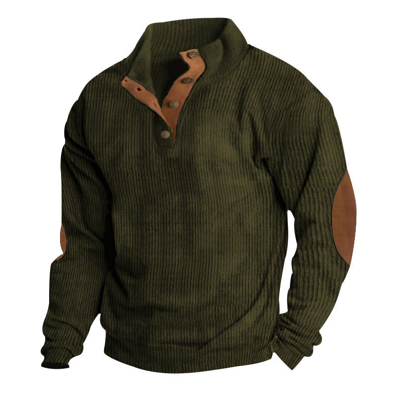 Herren nan rustikaler gerippter Pullover mit Henley-Kragen und lederartigen Ellbogenbesätzen