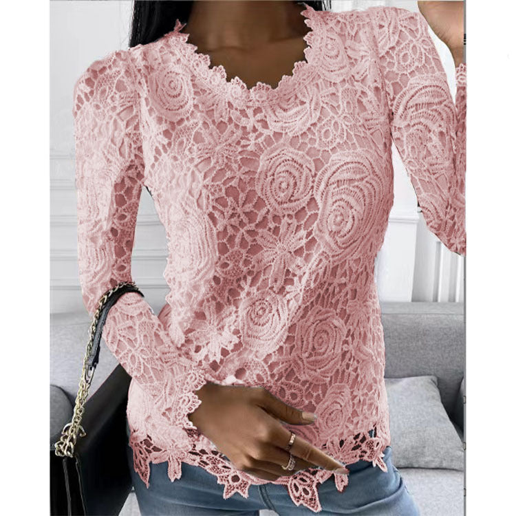 Damen nan figurbetonte Spitzenbluse mit floraler Allover-Spitze, Langarm und gezacktem Saum