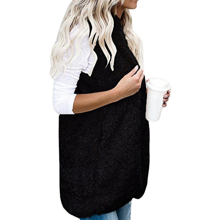 Damen nan flauschige Teddyweste mit Schalkragen und Eingrifftaschen