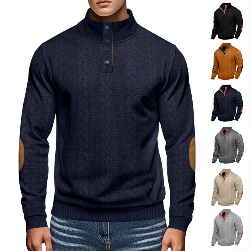 Herren nan Zopfmuster-Pullover mit Stehkragen, halber Knopfleiste und Ellbogenpatches