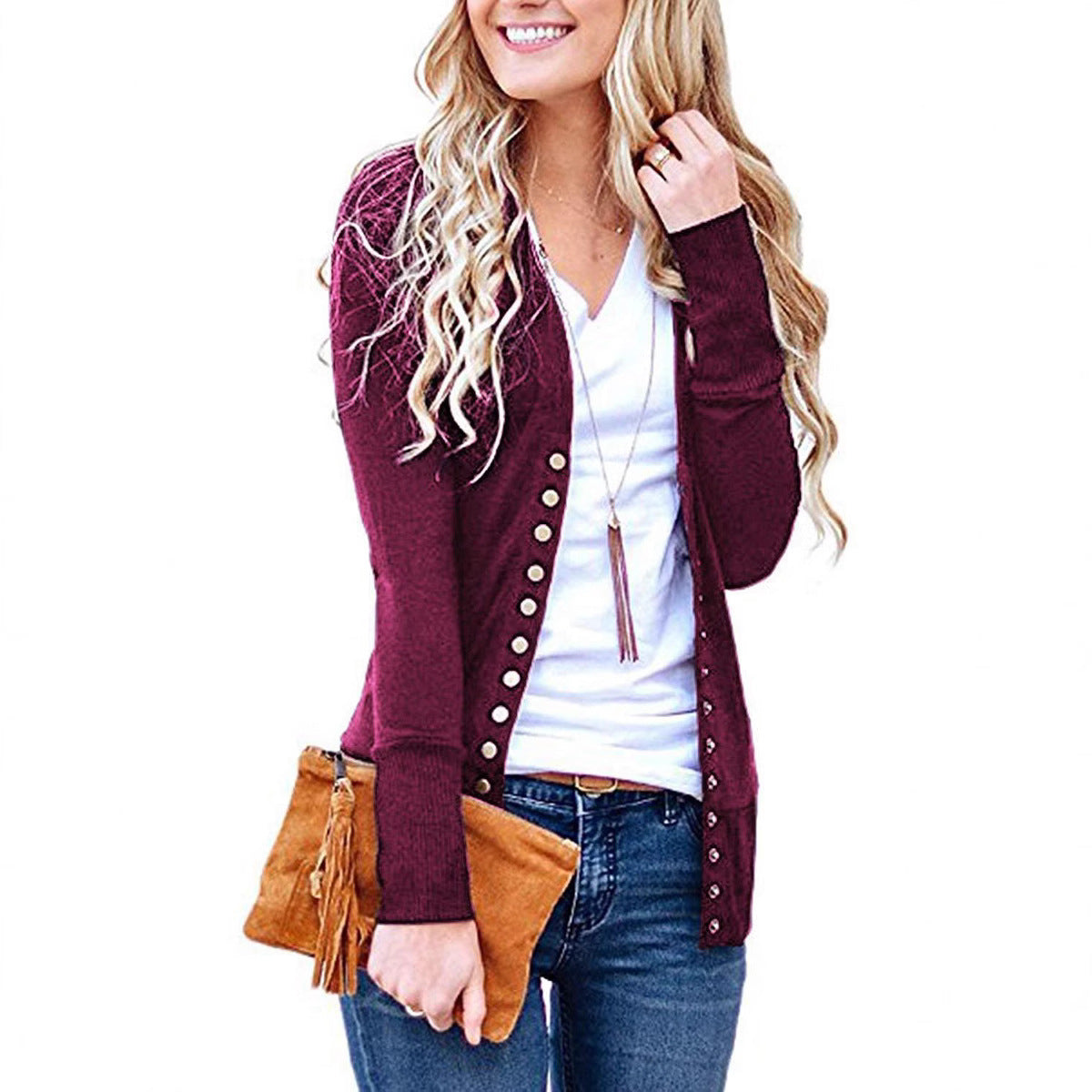 Damen nan Feinstrick-Cardigan mit dekorativen Metallknöpfen und schmaler Silhouette