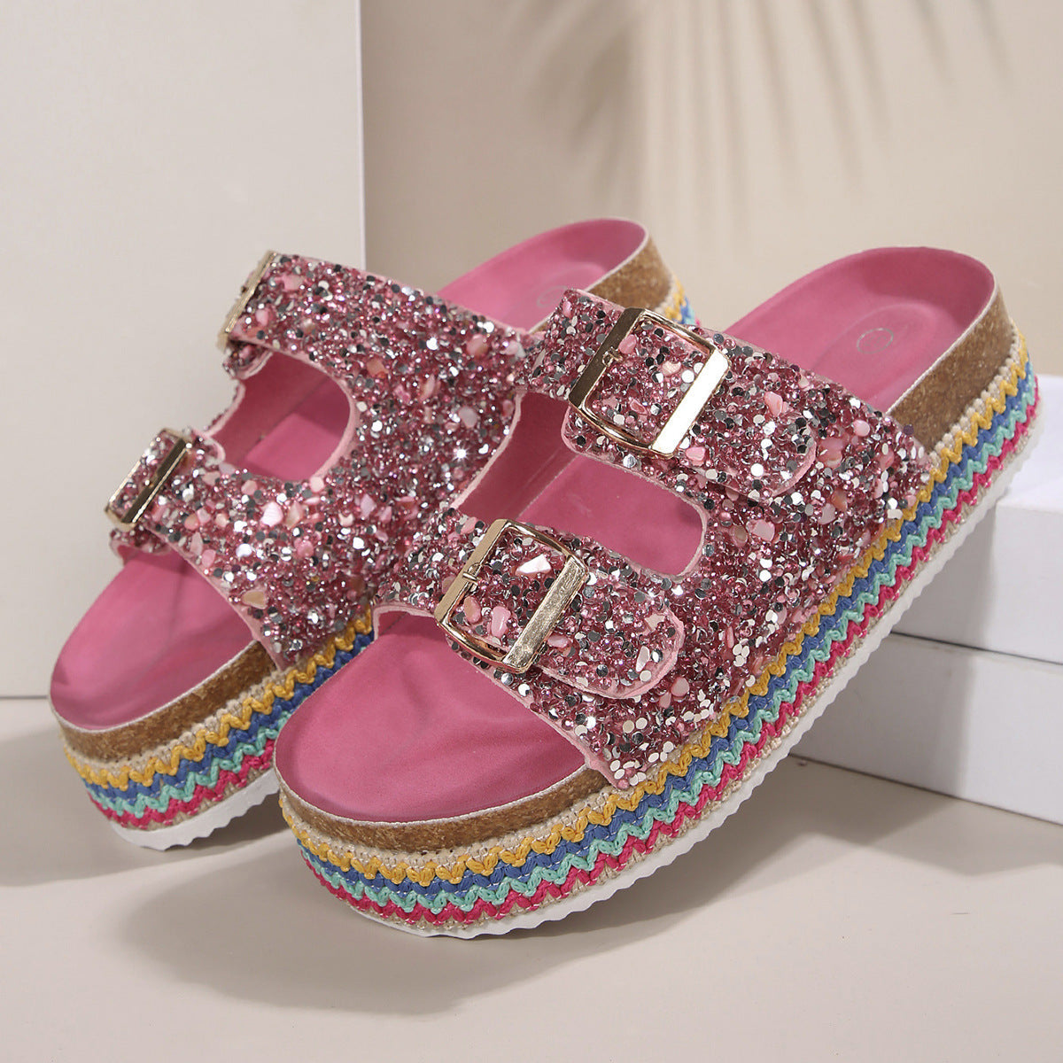 Damen Glitzernde Plateau-Sandalen mit Doppelschnalle und mehrfarbigem Boden Selmira