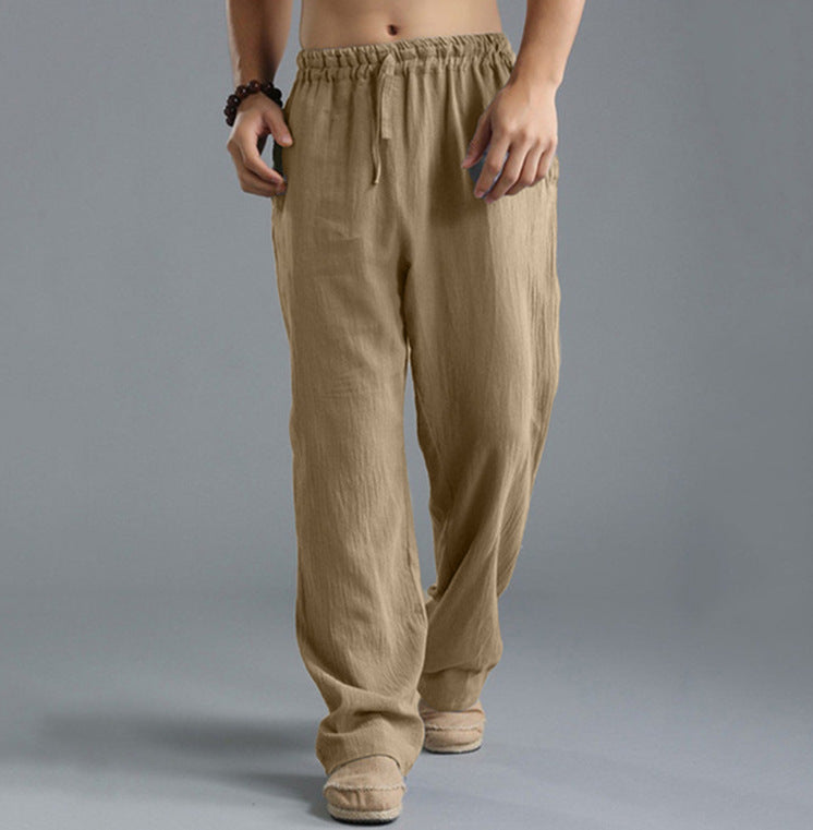 Herren nan lässige Leinenhose mit elastischem Bund, Kordelzug und geradem Bein