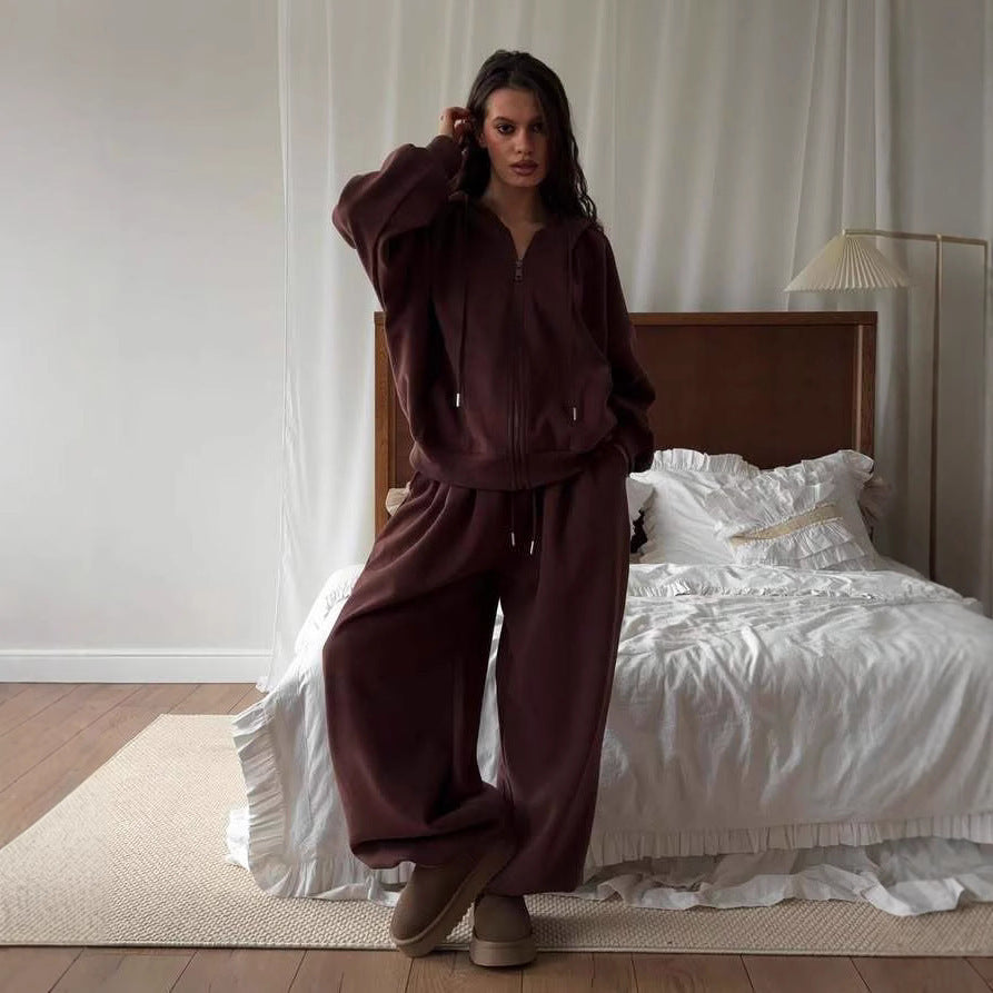 Damen nan weites Lounge-Set mit Zip-Hoodie, Kängurutasche und extraweiter Highwaist-Jogginghose