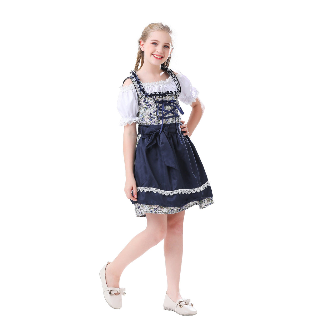 Damen nan traditionelles Dirndlkleid für Mädchen mit Schnürkorsett Puffärmeln und Spitzenschürze