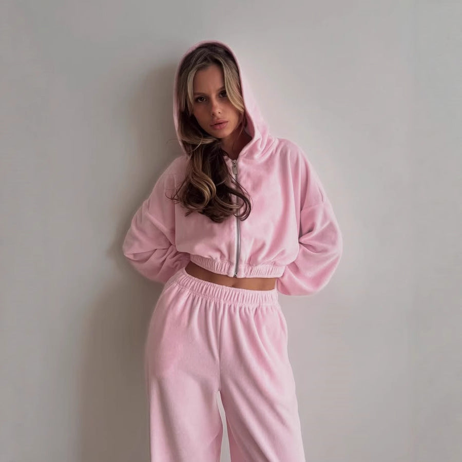 Damen nan Samt-Loungewear-Zweiteiler mit kurzem Frontzip, elastischem Komfortbund und weitem Hosenbein