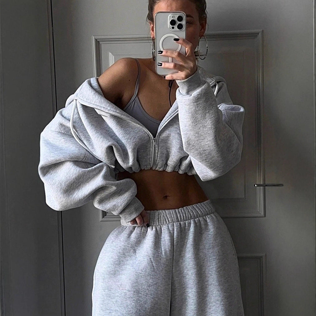 Damen nan kurzes Zip-Hoodie Cropped Sweatshirt mit Kordelzug, angesetzten Ballonärmeln und elastischem Saum