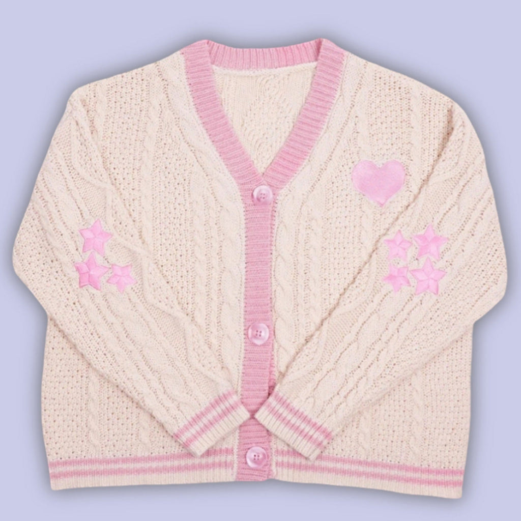 Damen nan gestrickte Cardigan mit Zopfmuster V-Ausschnitt und Herz- und Sternapplikationen