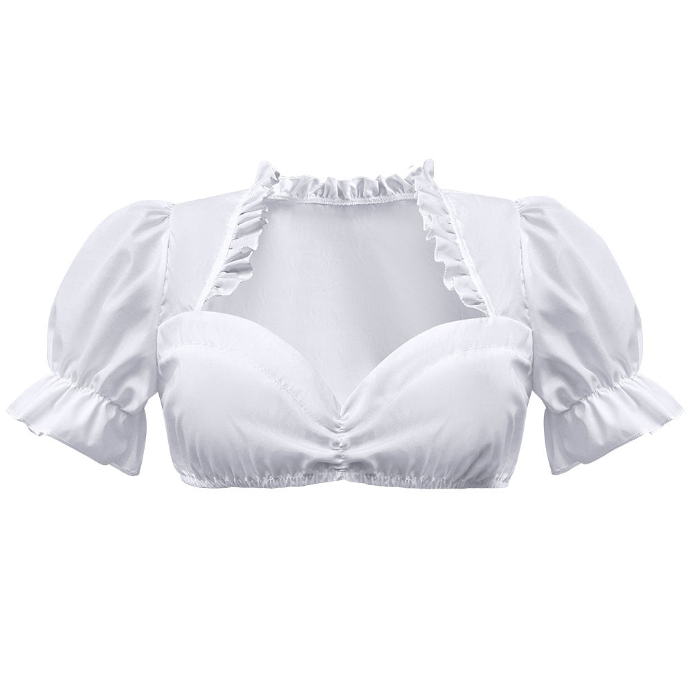 Damen nan traditionelle Dirndlbluse kurz mit Puffärmeln Herzausschnitt und Rüschendetail