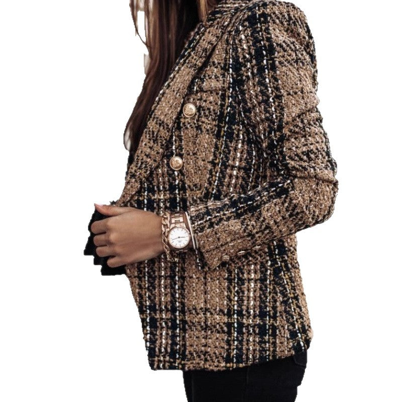 Damen nan eleganter Tweed-Blazer mit Doppelknopf, strukturierter Wung und aufgesetzten Taschen
