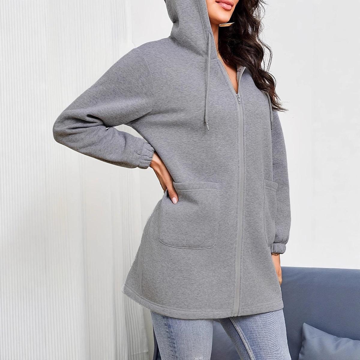 Damen nan Longline-Kapuzenjacke mit durchgehendem Reißverschluss, Kängurutaschen und elastischen Bündchen
