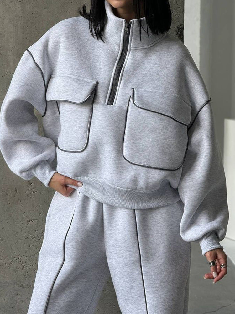 Damen nan Oversize Halbzip-Sweatshirt mit aufgesetzten Klappentaschen und Kontrastpaspeln