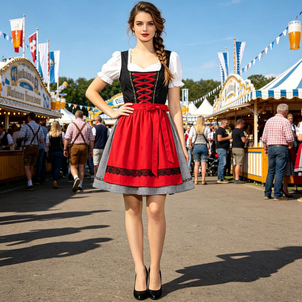 Damen nan traditionelles Dirndlkleid mit Herzausschnitt, geschnürtem Mieder und dekorativer Schürze