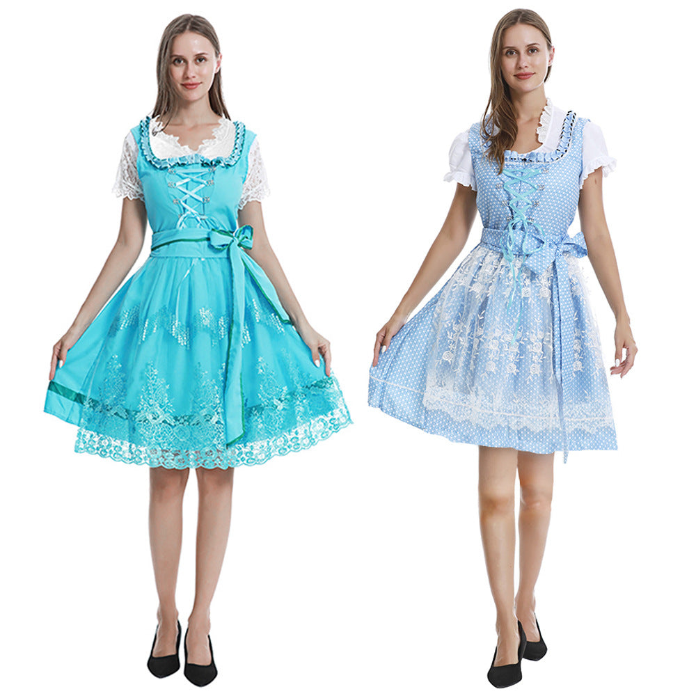 Damen nan romantisches Alpenkleid mit geschnürtem Mieder, Spitzeneinsatz und Taillenschärpe