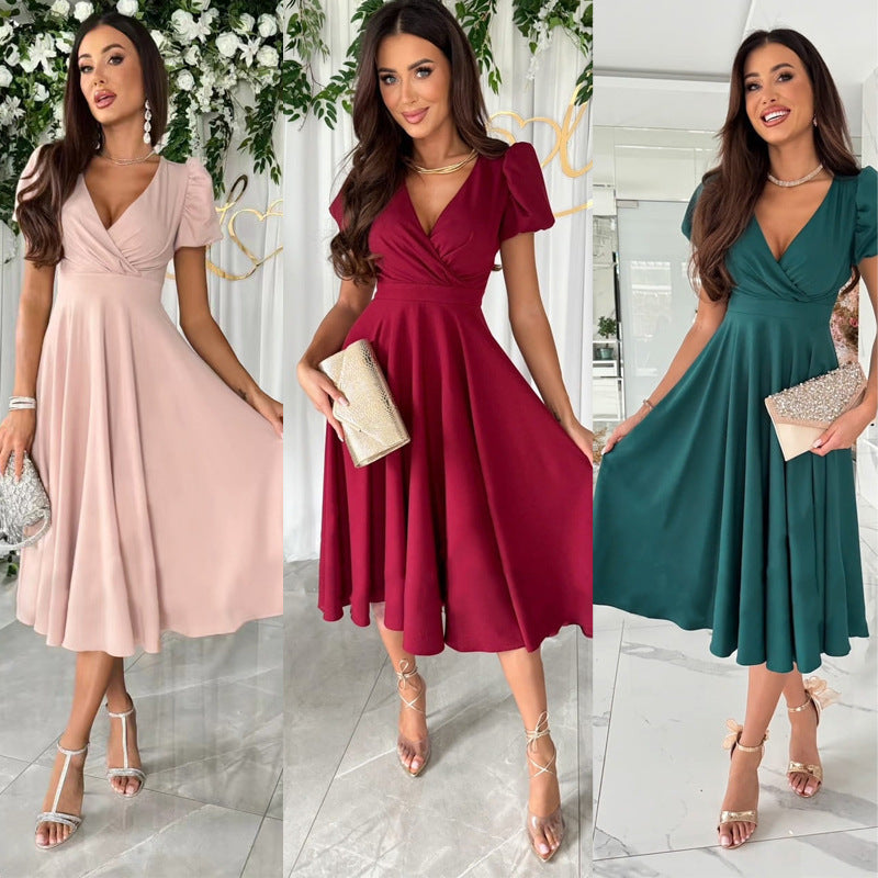 Damen A-Linie Kleid mit Puffärmeln und schmalem V-Ausschnitt Selmira