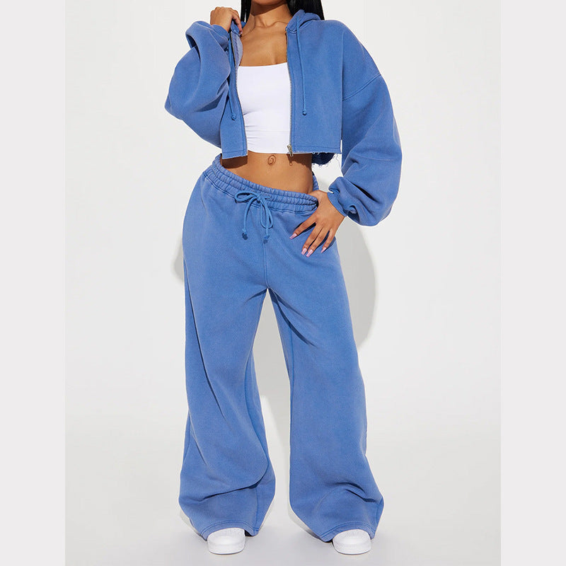 Damen nan Kapuzen-Crop-Top und weite Jogginghose Lounge-Set aus weichem Fleece