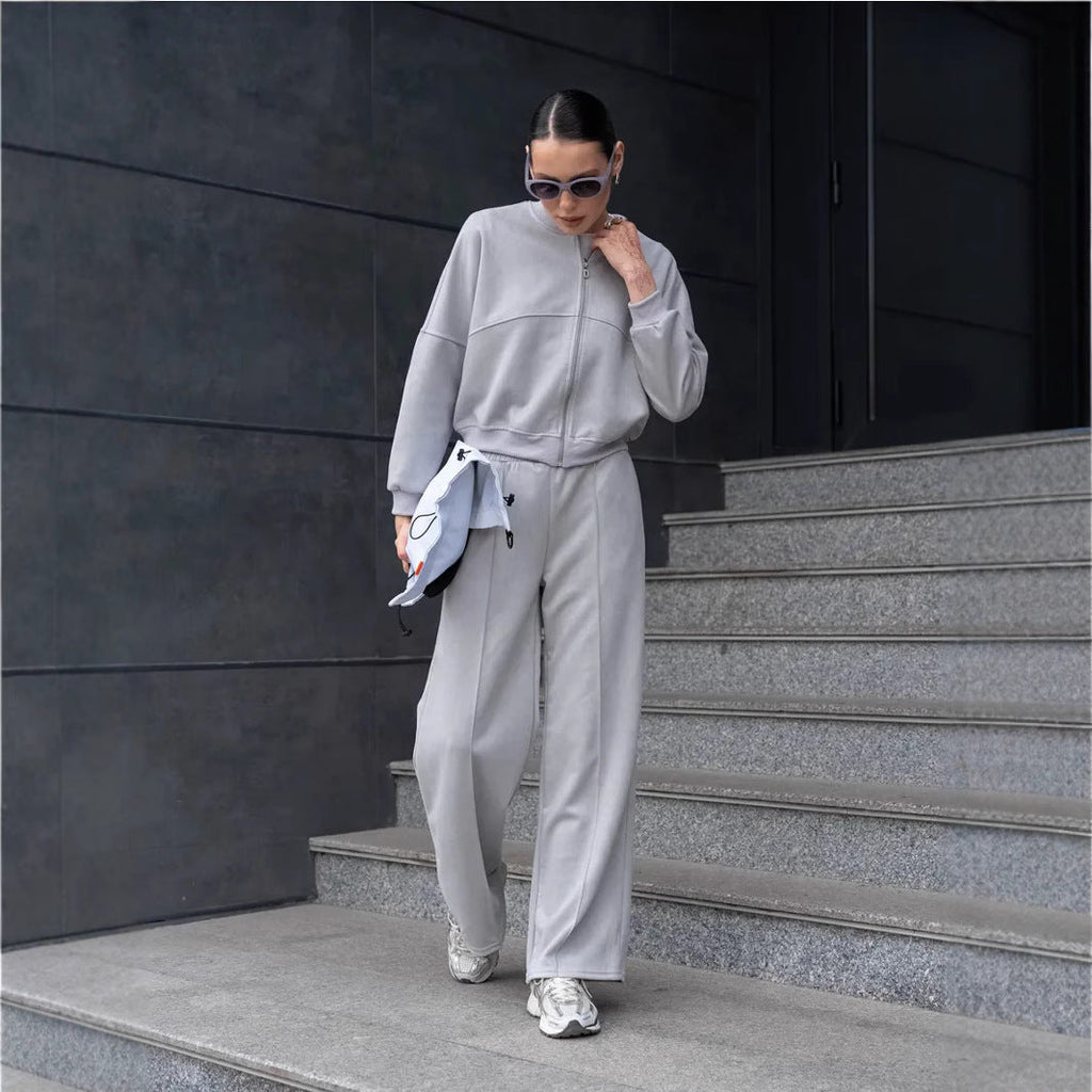 Damen nan zweiteiliges Velours-Loungewear-Set mit kurzem Zip-Hoodie und weiter Highwaist-Hose