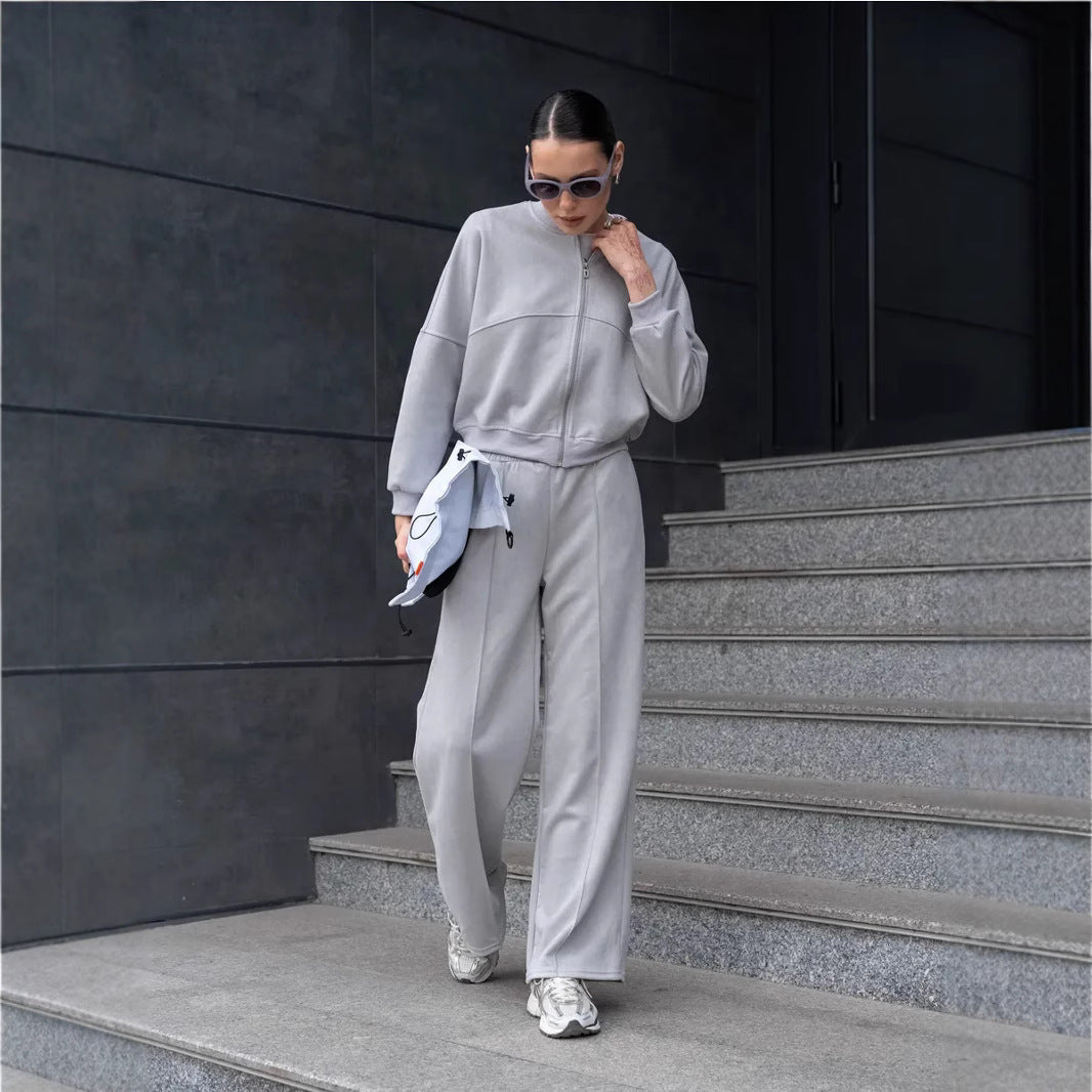 Damen nan zweiteiliges Velours-Loungewear-Set mit kurzem Zip-Hoodie und weiter Highwaist-Hose