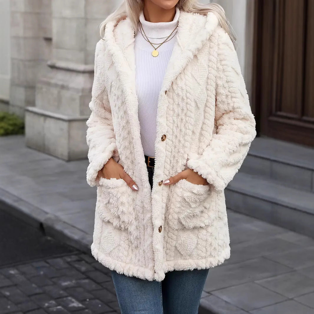 Damen angenehme und weiche Plüschjacke mit Kapuze und Taschen Selmira