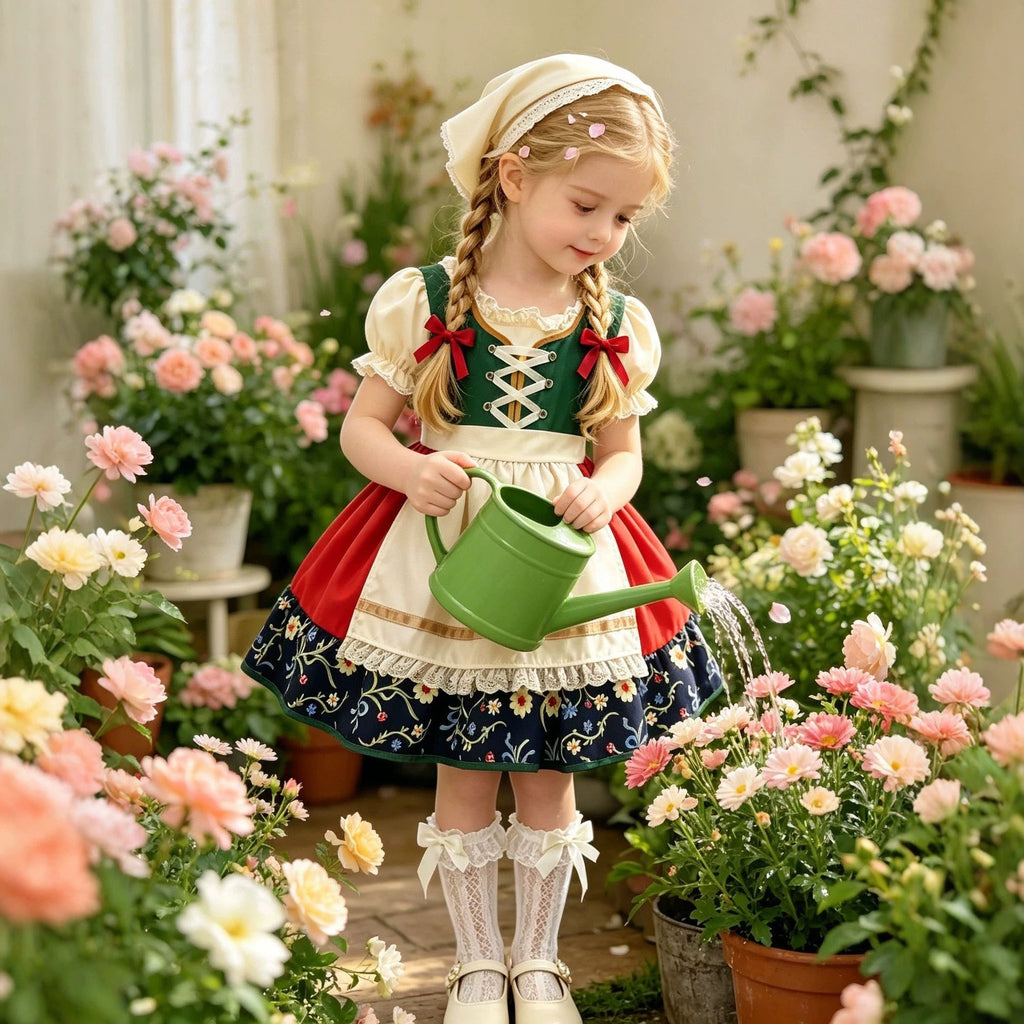 Damen nan traditionelles Kinderdirndl mit besticktem Rock und Spitzenschürze