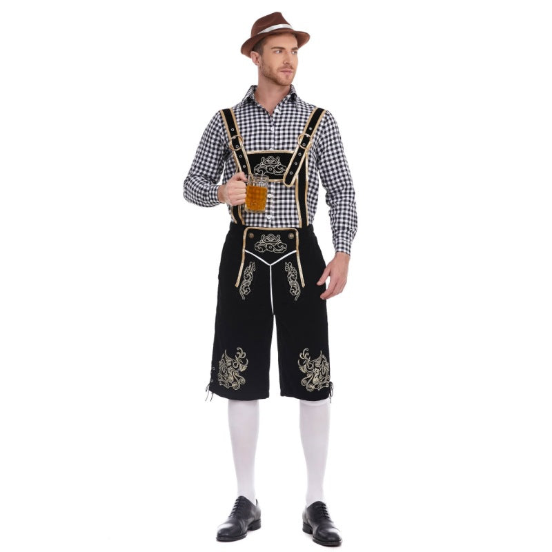 Herren nan Filzoptik-Lederhose knielang mit barocker Stickerei, verstellbaren Trägern und Dekornieten