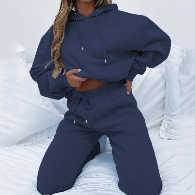 Damen nan Cropped Kapuzenjacke und High-Waist Jogginghose Set aus French Terry mit elastischem Bund