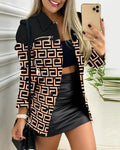 Damen nan gemusterter Blazer mit geometrischem Print, Reißverschlusstasche und durchgehender Knopfleiste