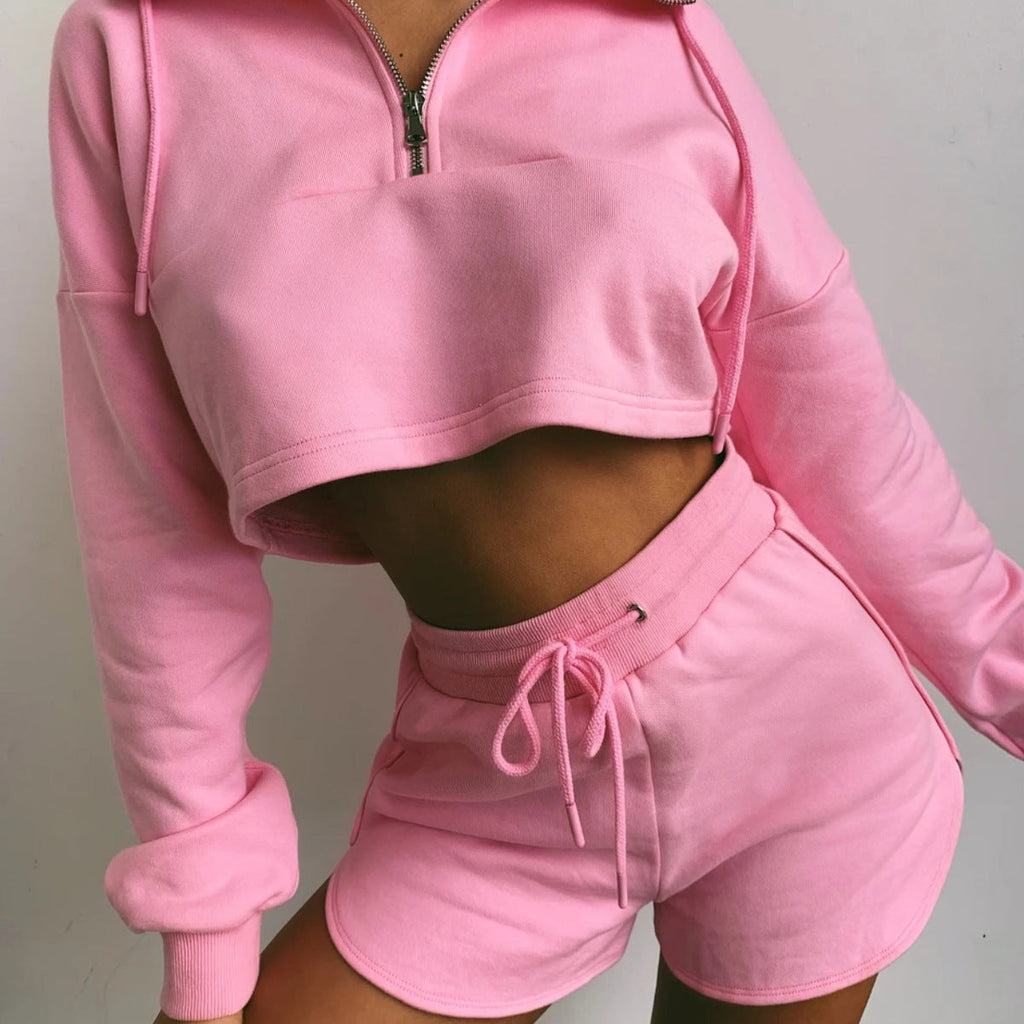 Damen nan kurz geschnittenes Kapuzenpullover-Set mit bauchfreiem Schnitt und elastischen Sweatshorts