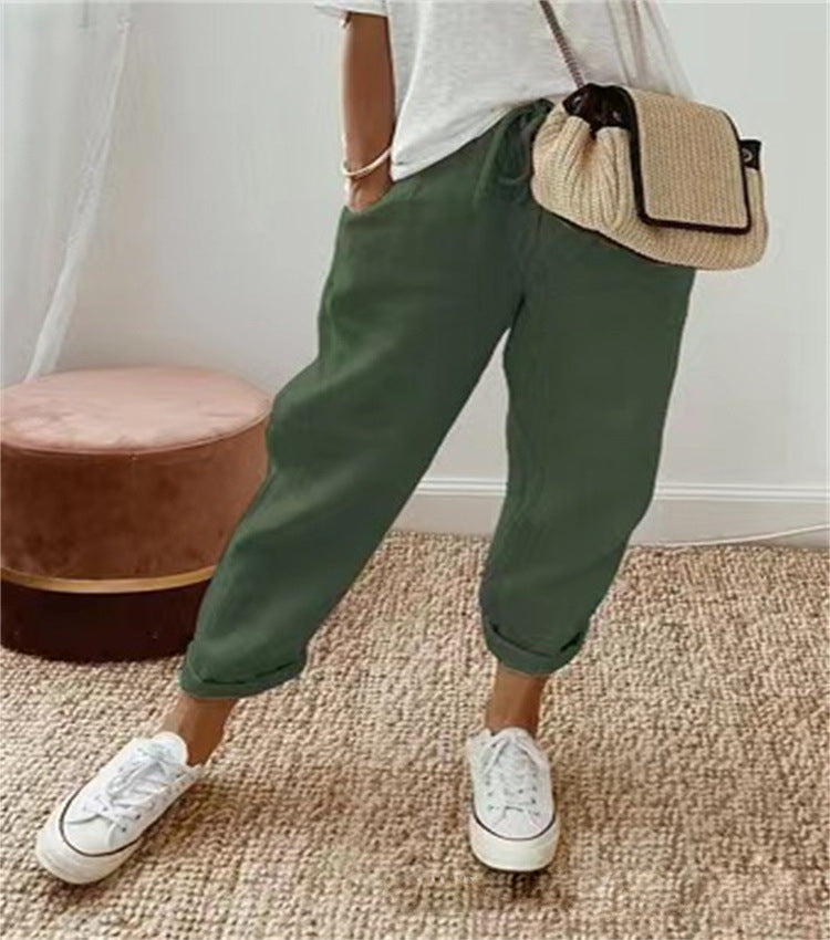 Damen nan legerer Leinen-Jogger mit Kordelzug, Eingrifftaschen und umgeschlagenem Saum