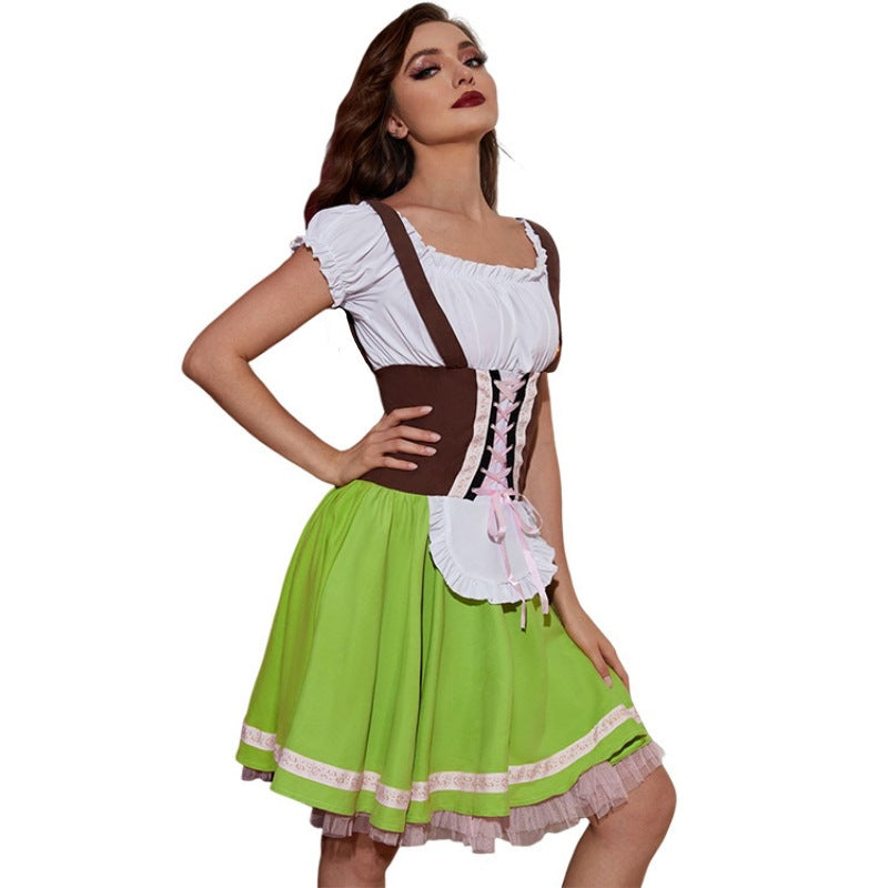 Damen nan Trachten-Festkleid mit figurbetonter Korsett-Schnürung, geraffter Carmenbluse und mehrlagigem Tellerrock