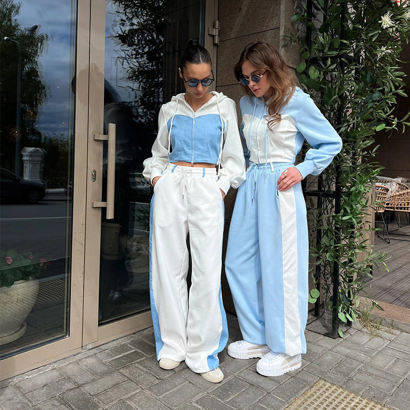 Damen nan zweiteiliges Cropped-Hoodie-Set mit Reißverschluss, elastischem Komfortbund und weitem Seitenstreifen-Hose
