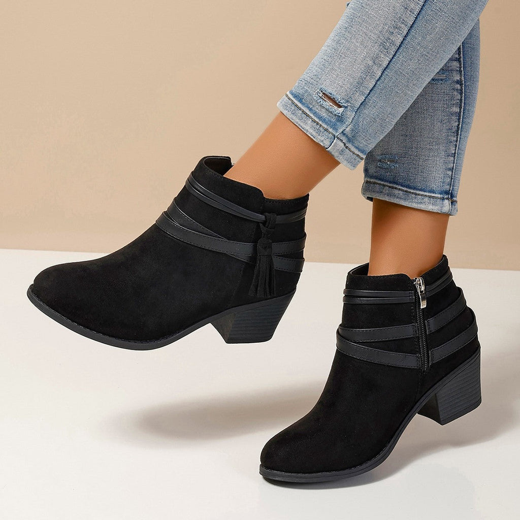Damen nan samtige Knöchelstiefel mit dekorativen Riemen, Quasten und seitlichem Reißverschluss