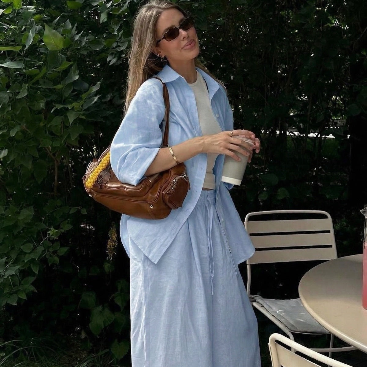 Damen nan luftiges Leinen-Loungeset mit Oversize-Hemd und weiter Bundhose mit Gummizug