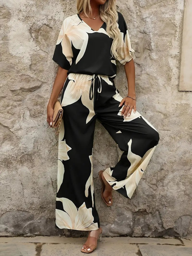 Damen luftiger Hosenanzug mit floralem Print und elastischem Bund Selmira