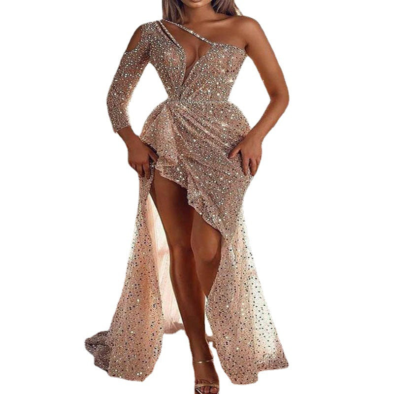 Damen Festliches Cocktailkleid mit glitzerndem Oberteil und asymmetrischem Design Selmira