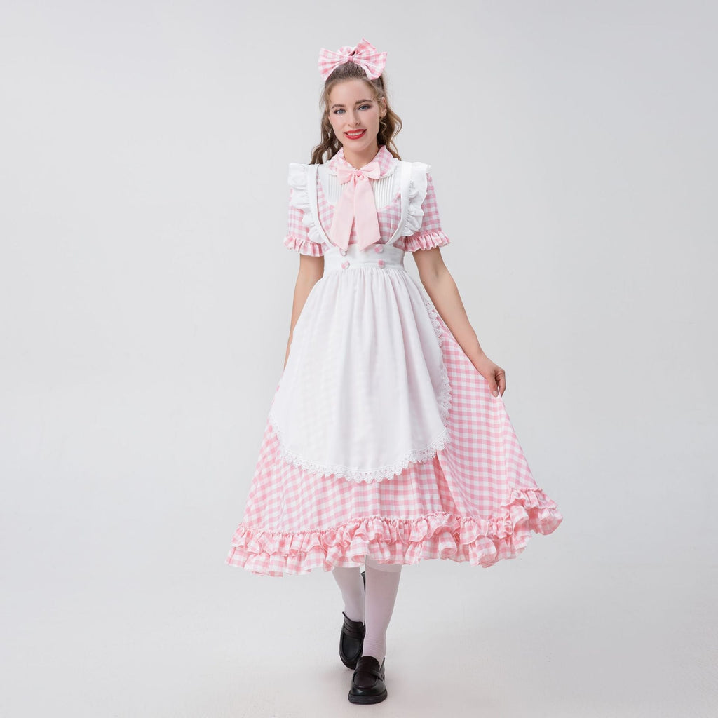 Damen nan Vintage-inspiriertes Karo-Swingkleid mit abnehmbarer Schürze, Rüschenärmeln und Schleifenkragen
